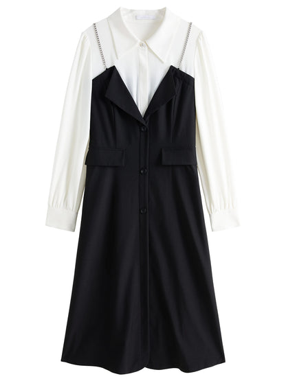 DUSHU Women Autumn Long SLeeve Dresses Office Lady Temperament Polo Neck A-LINE Long Dress Fake Two Patchwork Dress 24DS83358