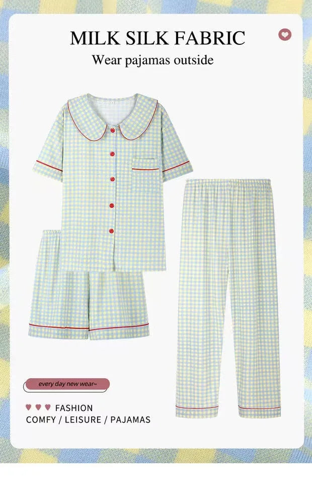 Three-Piece Set of Ladies Pajamas Short Sleeve Long Pants Student Loungewear Cartoon Cardigan Short Sleeve Shorts Cute Pajamas