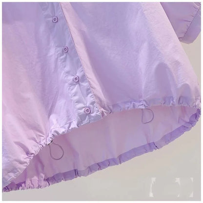 Summer Turn-down Collar Fashion Short Sleeve Shirt Women High Street Solid Color Casual Cardigan Drawstring Pure Cotton Tops