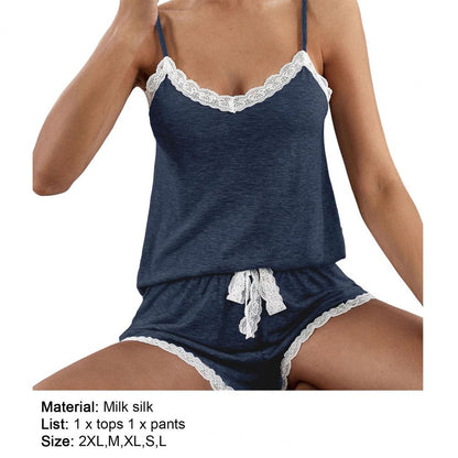 Summer Women Pajama Set Sleeveless Vest Shorts Sexy Lace Contrast Color Tank Top Loose Shorts Pajama for Women Nightwear