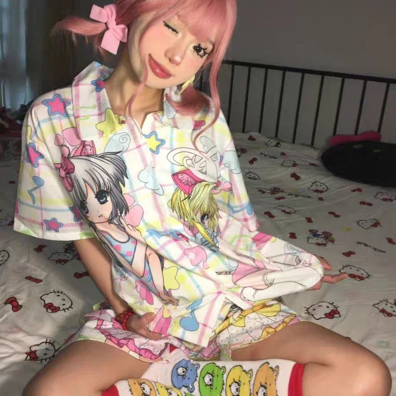 Pajamas Clothes Set Two Piece Set Women's Clothing Homewear Spring Summer Japanese Cartoon Comfort Casual Fashion Breathable Fit Badiee Stylez