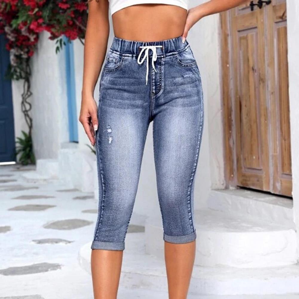 Denim Jeggings Women's 3/4 Short Jeans Pants Leggings Summer 2021 Breeches Harajuku High Waist Korean Vintage Mom Pants