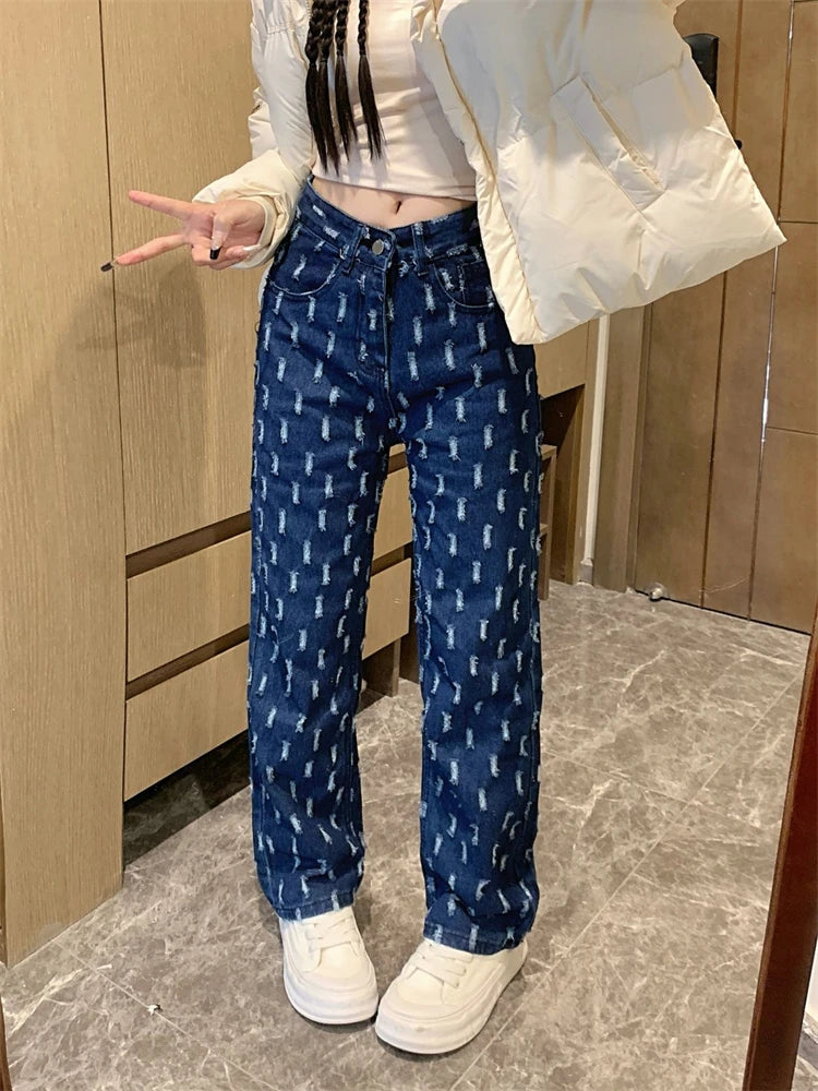 Women's Many Small Hole Straight Narrow Cropped Jeans Cool Girl Streetwear High Waisted Trouser Female Casual Narrow Denim Pants