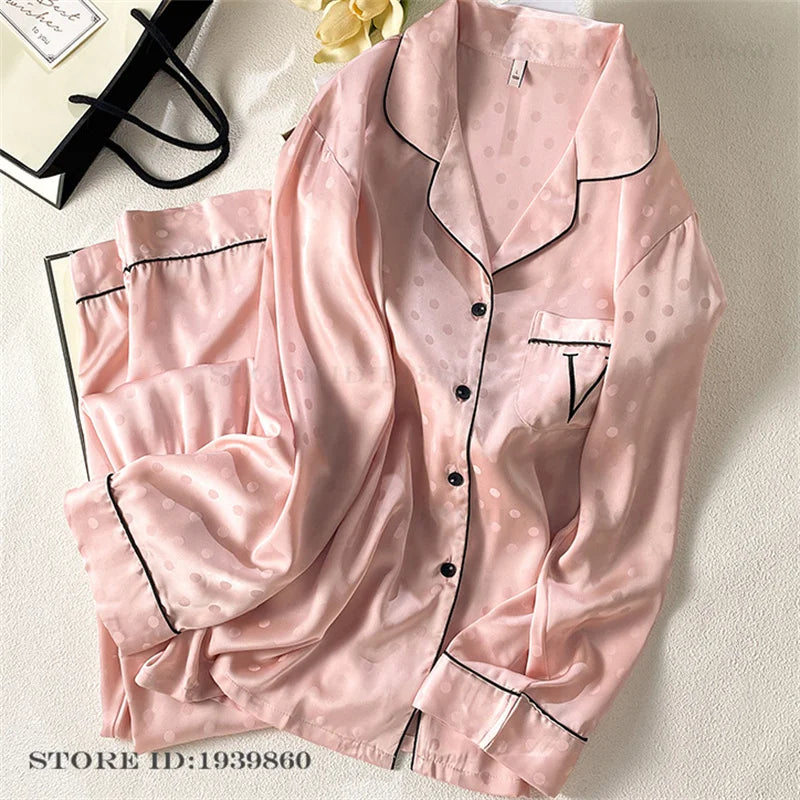 Women Long Sleeve Pajamas 2PCS Set Spring Summer New Sleepwear Loungewear Fashion Stripes Pyjama Pour Femme Loose Satin Homewear Pink Pajamas 20