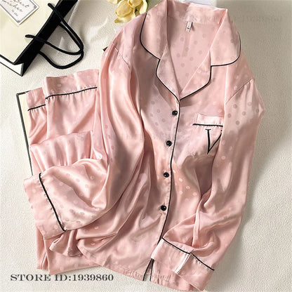 Women Long Sleeve Pajamas 2PCS Set Spring Summer New Sleepwear Loungewear Fashion Stripes Pyjama Pour Femme Loose Satin Homewear Pink Pajamas 20