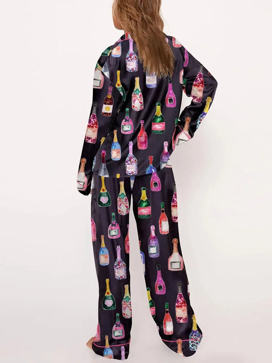 Womens Satin Pajamas Sets 2 Piece Set Champagne Bottle Wine Glasses Long Sleeve Button down Shirt Pants Satin Silk Loungewear