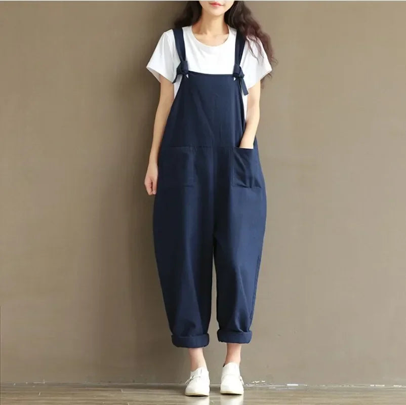 Women's Solid Color Simple Suspender Jumpsuit Sanded Cotton Pocket Loose Suspender Casual Pants Daily Commuter Wear S-3XL Badiee Stylez