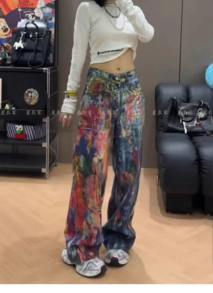 Y2k Jeans New Harajuku Hip Hop Camouflage Retro Oversize Denim Pants Fashion Women Clothing Straight Leg Wide Leg Jeans Streetwe