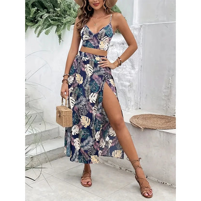 Elegant Deep V-neck Dress Women Summer Sleeveless Printed Vest Skirt Set Sexy High Slit Trend Dresses Colorful