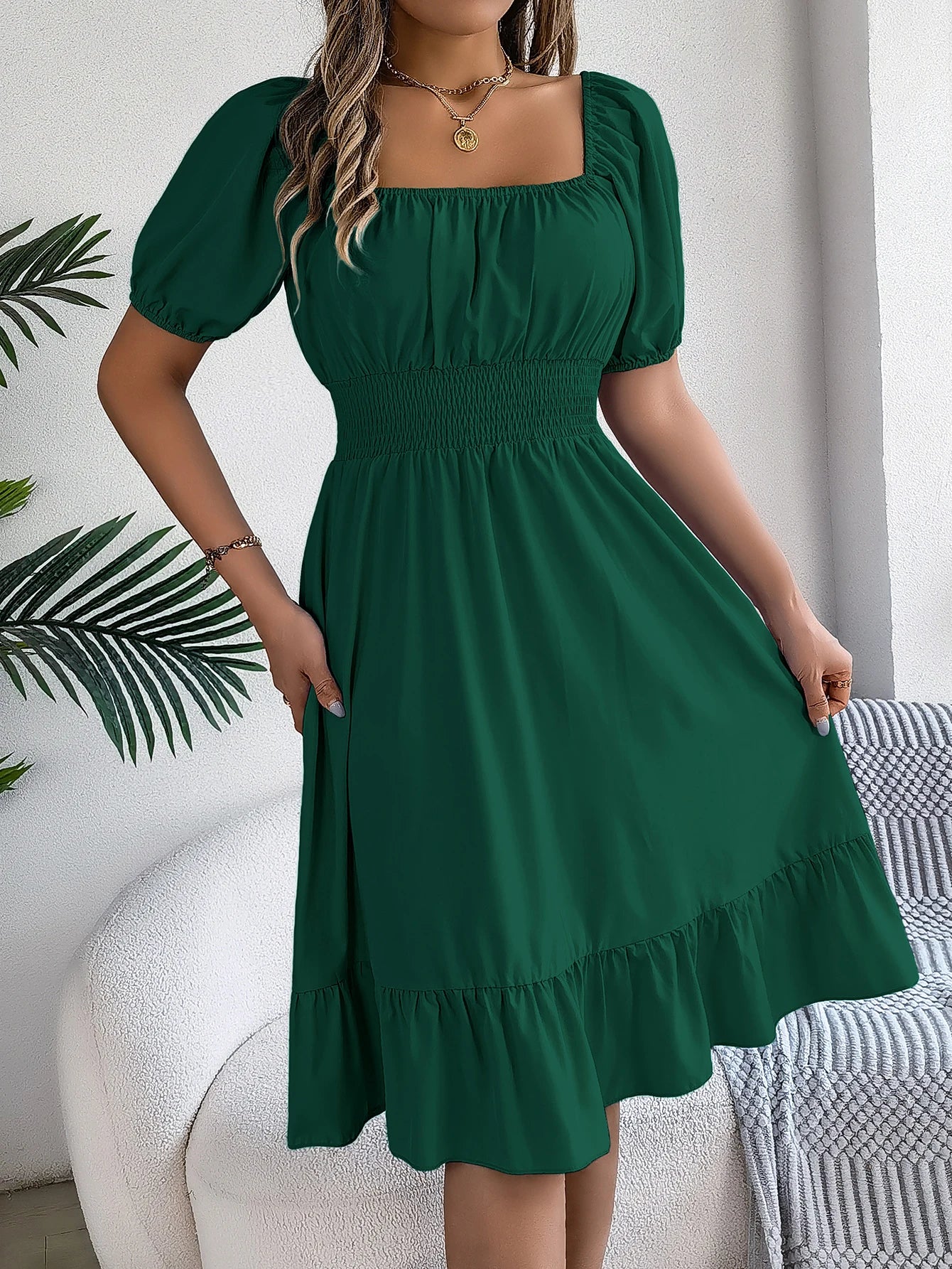 Spring and Summer Elegant High Waisted Dress Square Neck Short Sleeved Ruffled Edge Long Dresses for Women Badiee Stylez