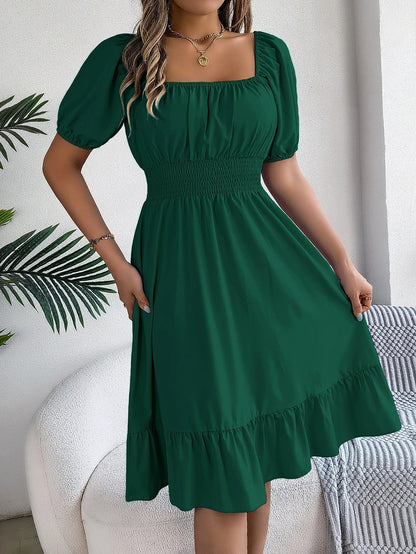 Spring and Summer Elegant High Waisted Dress Square Neck Short Sleeved Ruffled Edge Long Dresses for Women Badiee Stylez