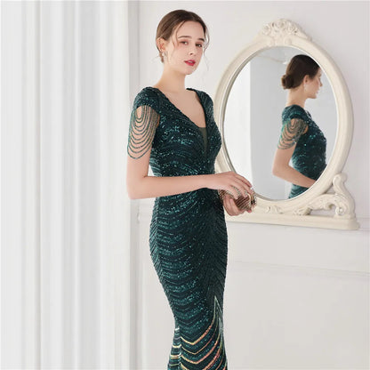 DEERVEADO Elegant V Neck Mermaid Evening Dress Long Luxury Beads Women Evening Party Dresses 2025 New Formal Dress 19085 Badiee Stylez