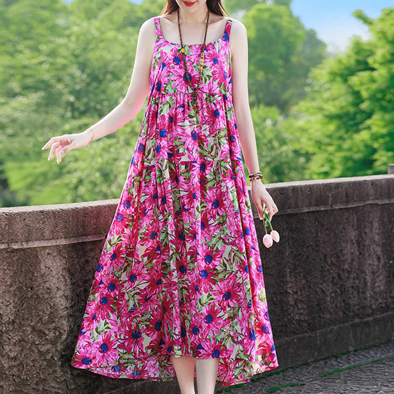 New Fashion Casual 2025 Summer Elegant Dresses For Women O-Neck Print Vintage Sleeveless Dress Loose Women Clothing