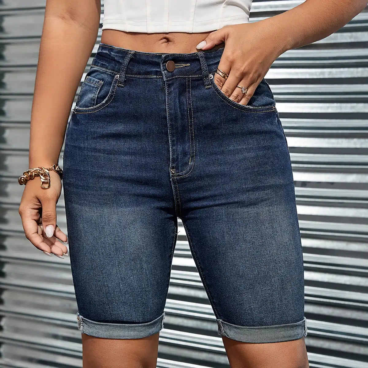 New Dark flanged Denim shorts, women's, solid color, elastic, slim, slimming, all-match, comfortable Denim shorts. - Badiee Stylez