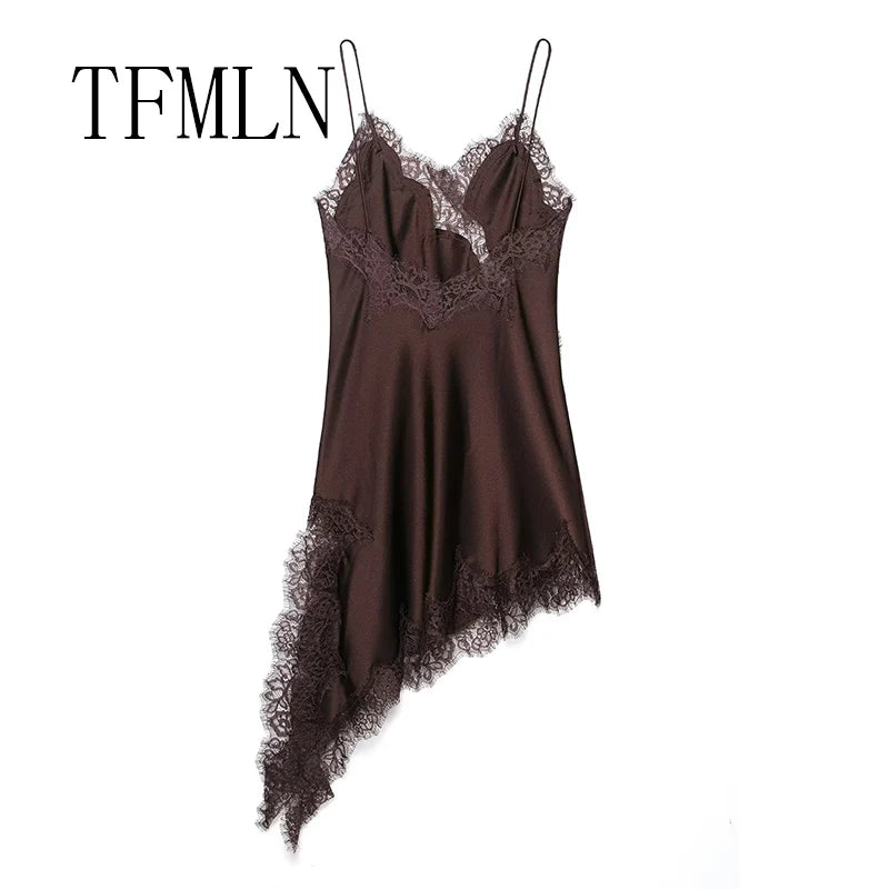 TFMLN Women Sexy Lace Splicing Dresses Summer Solid Sleeveless Asymmetry Dress Backless Slim Women's  Party Sling Mini Dress Badiee Stylez