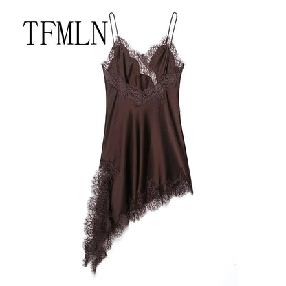 TFMLN Women Sexy Lace Splicing Dresses Summer Solid Sleeveless Asymmetry Dress Backless Slim Women's  Party Sling Mini Dress Badiee Stylez