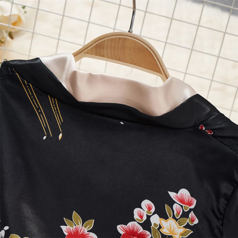 Japanese Sexy Print Kimono Slim Fit V-Neck Nightgown Loose Petal Sleeves Women's Erotic Lingerie Mini Irregular Patchwork Dress