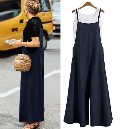 Women Straps Jumpsuit Summer Solid Color Wide Leg Pants Dungaree Bib Overalls Casual Loose Sleeveless Cotton Linen Jumpsuits 5Xl Badiee Stylez