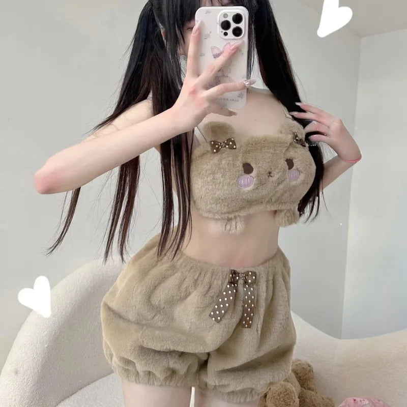 Kawaii Pajamas Camis Comfortable Plush Shorts Homewear Cute Cartoon Sleepwear Milk Silk Women's Underwear Set C026-5-Brown