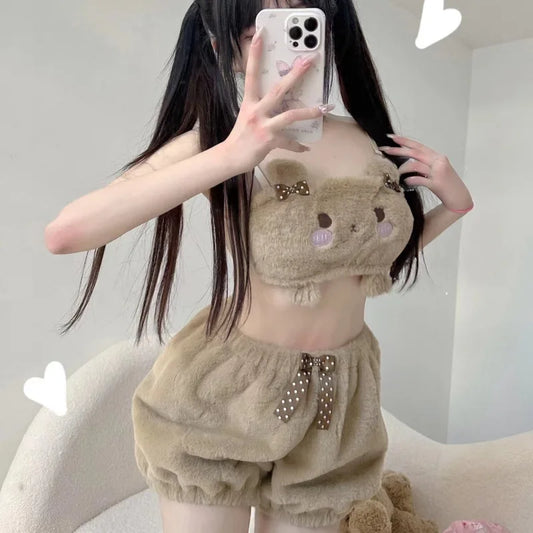 Kawaii Pajamas Camis Comfortable Plush Shorts Homewear Cute Cartoon Sleepwear Milk Silk Women's Underwear Set C026-5-Brown