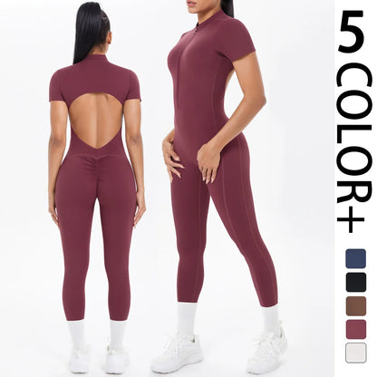 Short Sleeved Fitness Jumpsuit for Woman Bodysuits Backless Solid Color Scrunch One-Piece Suit Half Zipper Gym Yoga Sets Womens