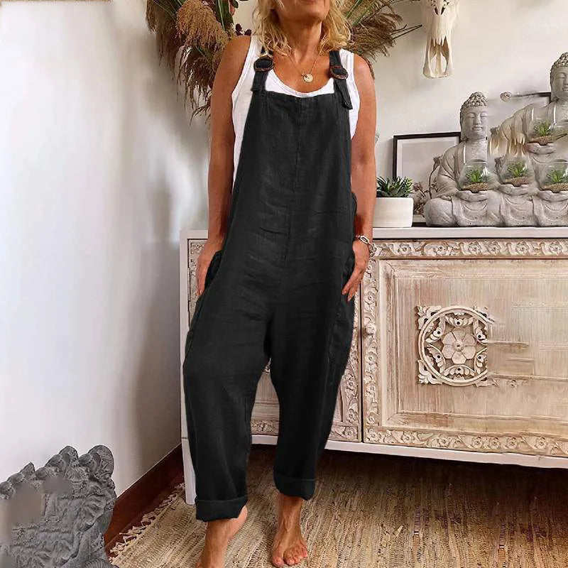 Women Cotton Linen Pocket Jumpsuits Summer Female Sleeveless Wide Leg Loose Overalls JYFS-3255 Black