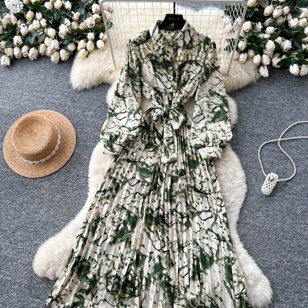 Chic vintage long sleeve turn-down collar button pleated Elegant Fairy korean fashion Boho women clothing Long dress