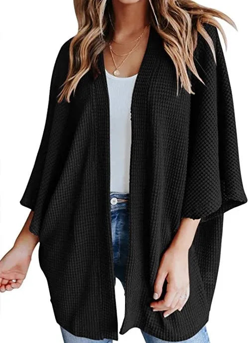 Oversized casual cardigan, women's plus size waffle knit cardigan with three-quarter length sleeves YD63 7