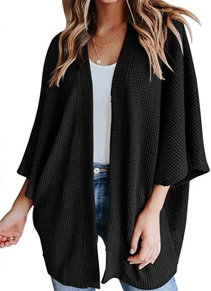 Oversized casual cardigan, women's plus size waffle knit cardigan with three-quarter length sleeves YD63 7