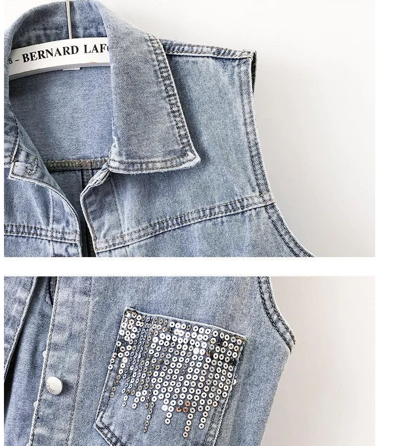 2024 Fashion Design Sequins Denim Vest Summer Autumn Women's Waistcoat Korean Leeveless Denim Jeans Jacket Female Vest Tops