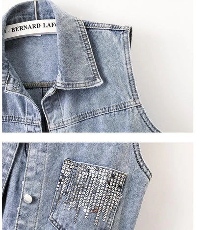 2024 Fashion Design Sequins Denim Vest Summer Autumn Women's Waistcoat Korean Leeveless Denim Jeans Jacket Female Vest Tops