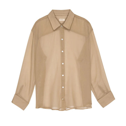 Womens Transparent Shirts Y2k Long Sleeve Lapel Button Down T-shirt Beach Cover Up Sexy Tops and Blouses Female Smock
