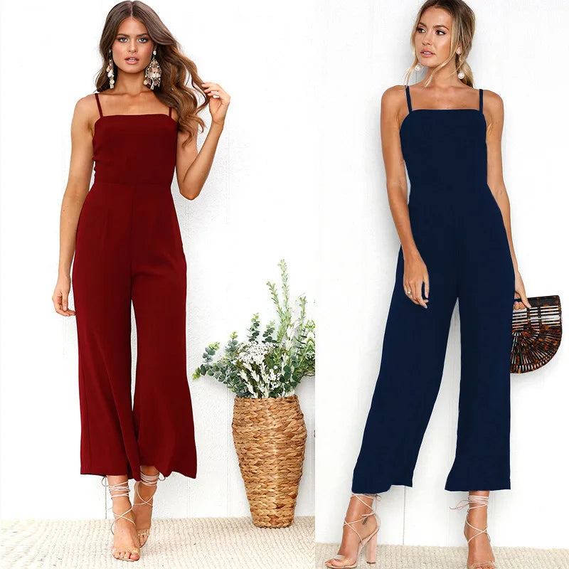 Women's Wide-legged Long Jumpsuit Spring Summer Solid Color Sexy Chest-wrapped Zipper Suspenders New 2024 Lady Slim Jumpsuit