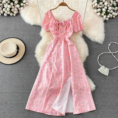 Summer Vintage Dress Blue Floral Summer Bubble Sleeve Tie Up Sexy Dresses Women A-line Print Split Long Dress Elegant Vestidos Pink