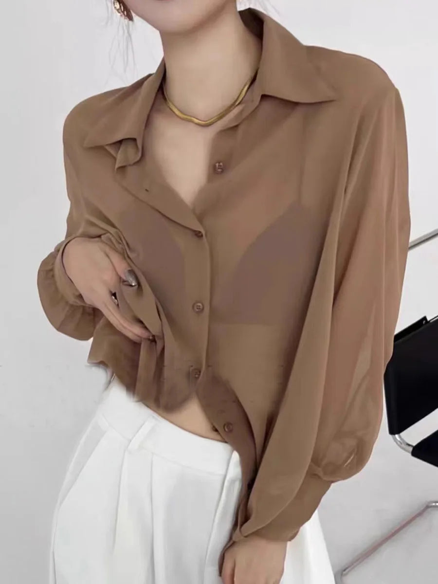 Sun-proof Transparent Shirt Female Mesh Long Sleeve Top Solid Color Summer Loose Chiffon Blouse Korean Fashion Cardigan Ladies