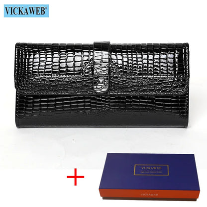 Free Gift Women Leather Wallet Long Ladies 3 Folders Clutch Money Bag Design Purse Fashion AE605-25 Black Wallet and Box