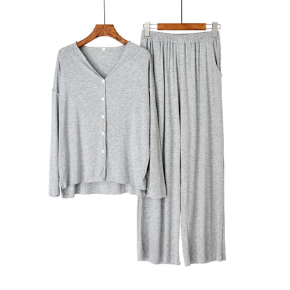 Japanese new style cotton pajamas suit ladies spring and autumn cardigan solid color long-sleeved trousers home service suit light gray One Size