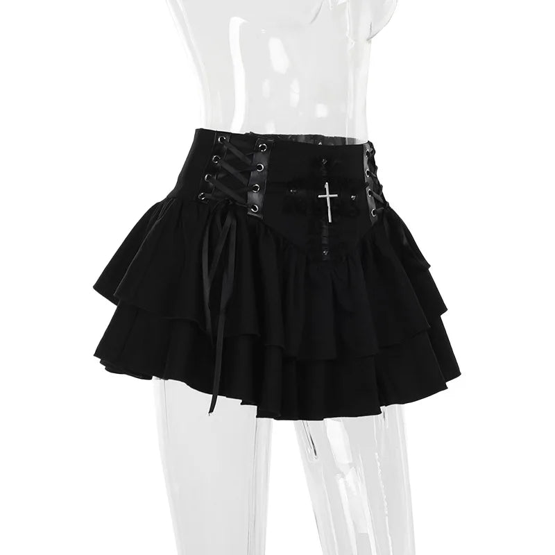 Gothic Black Lace Cross Mini Skirt Y2k Grunge Punk High Waist Pleated A-Line Skirts Vintage Women Girl Aesthetic Alt Clothes