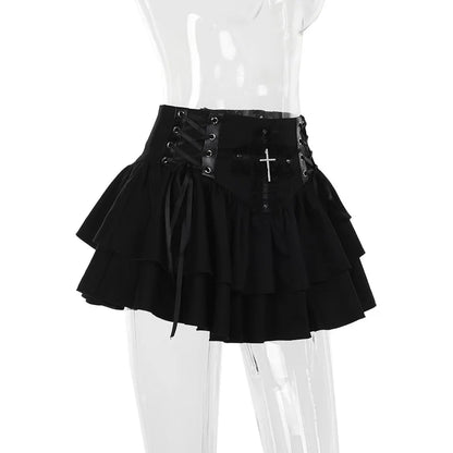 Gothic Black Lace Cross Mini Skirt Y2k Grunge Punk High Waist Pleated A-Line Skirts Vintage Women Girl Aesthetic Alt Clothes