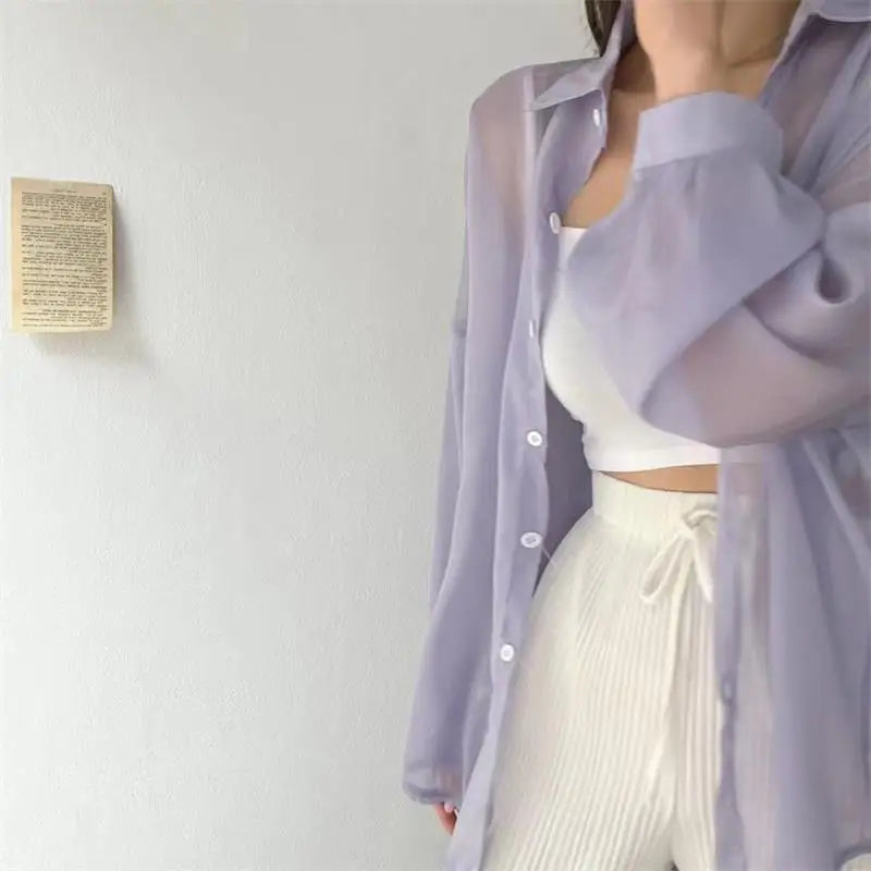 7 Colors Shirts Women Sheer Thin Chic Summer Simple Solid Sun-proof Tops Fashion Baggy All-match Basic Korean Style Sexy Clothes