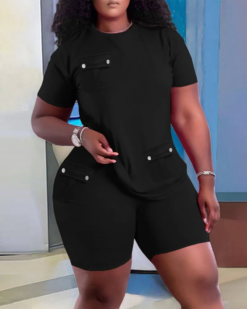 Women Two Piece Shorts Sets Solid Round Neck T Shirts Pockets Elastic Waist Short Trousers Suits Leisure Ladies 2025 Summer