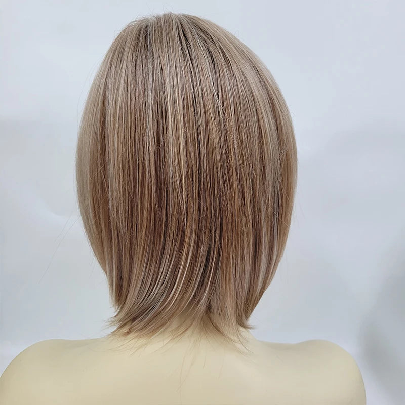 Women's Fashion Bob Hair Short Blonde Bob Wigs with Bangs Black Roots Straight Synthetic Ombre Hair Party Wig for Lady