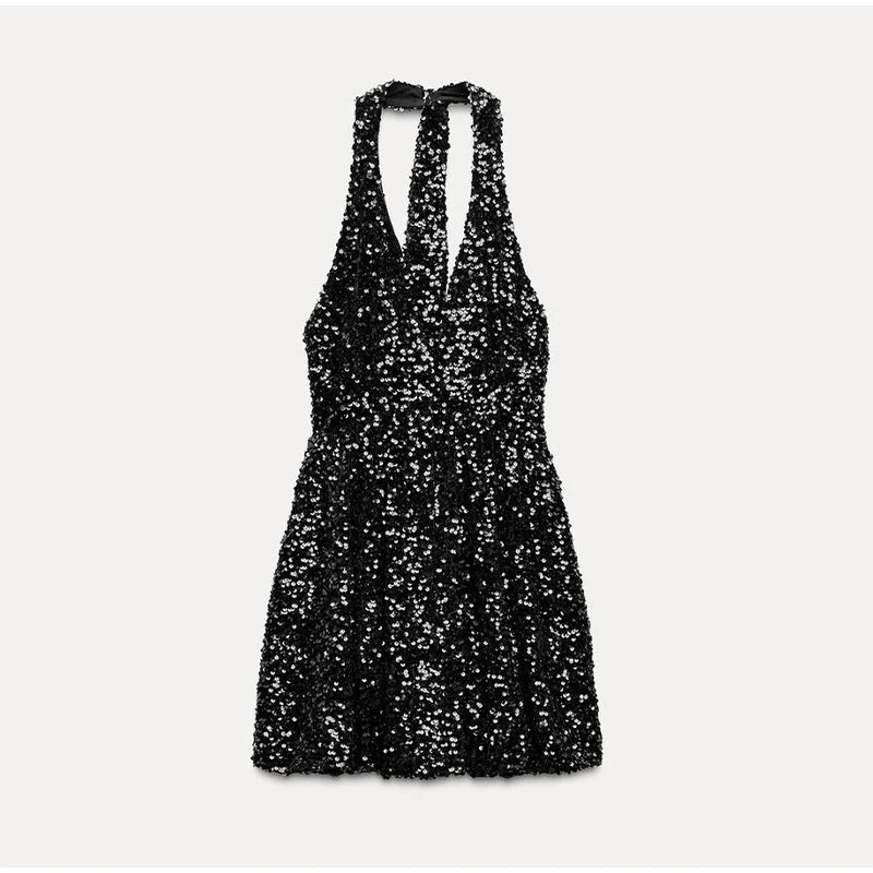 Sexy Sequins Short Black Party Dresses for Women Halter V Neck Backless Sparkly Ruffles Woman Mini Dress 2025 New Club Gowns