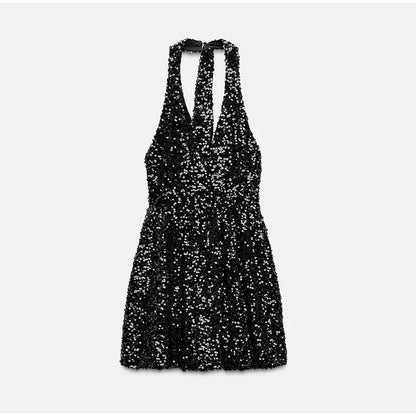 Sexy Sequins Short Black Party Dresses for Women Halter V Neck Backless Sparkly Ruffles Woman Mini Dress 2025 New Club Gowns