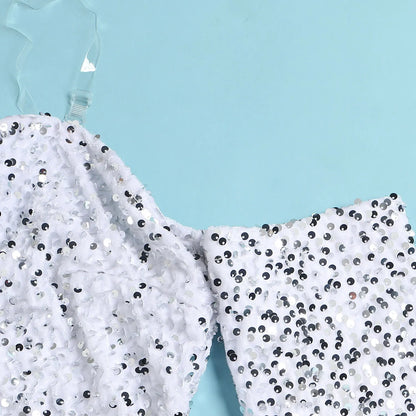 Women's Elegant Sequined Feather Slim Patchwork Bodysuits Spring Summer New Sexy Bodysuits Women Long Sleeve Backless Bodysuits