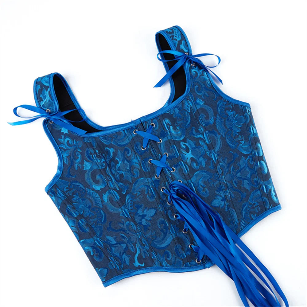 Blue Jacquard Corset Sexy Shoulder Straps Overbust Bustiers Crop Top Lace Up Brocade Vest Lingerie Gothic For Women Outfit