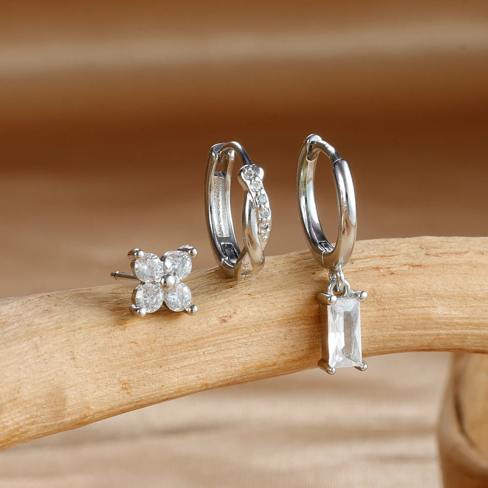 3PCS Fashion Stainless Steel Circle Hoop Earrings Set for Women 18K Gold Plated Zircon Pendant Square Earring Piercing Jewelry