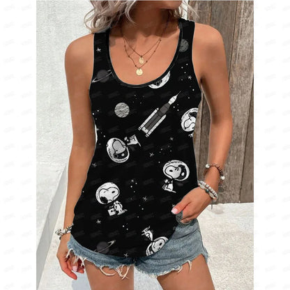 Women's Blouse black Shirts & Blouses Cartoon Snoopy Print Sleeveless Tops Loose V Neck Pulovers Summer Youthful Woman Clothes BXZ1GH01121