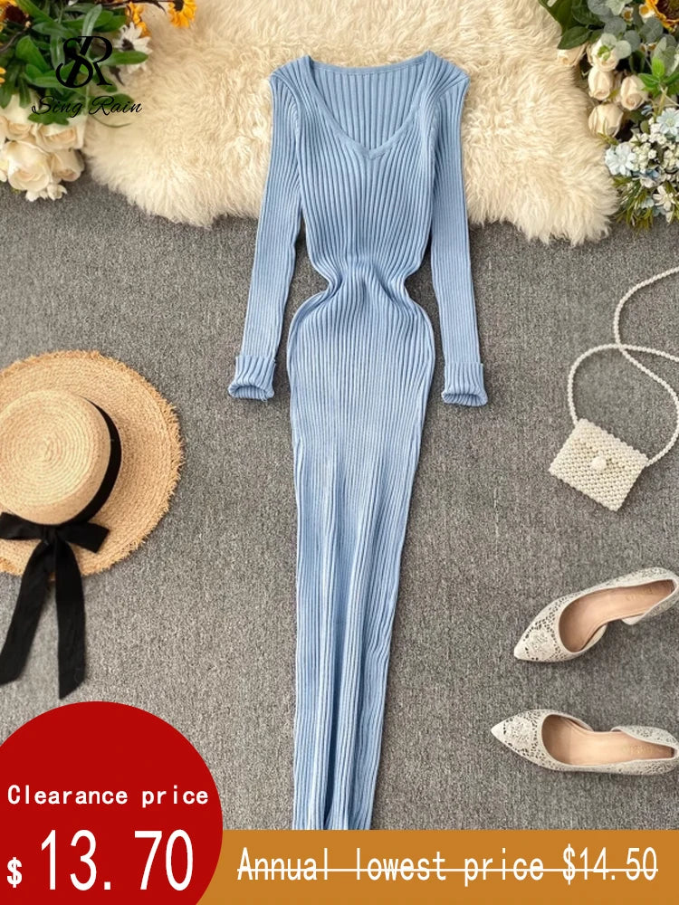SINGRAIN Women Autumn Knitted Dress V Neck Sexy Slim Elastic Oversized Basic Bodycon Long Dress Winter knit Warm Sweater Dresses