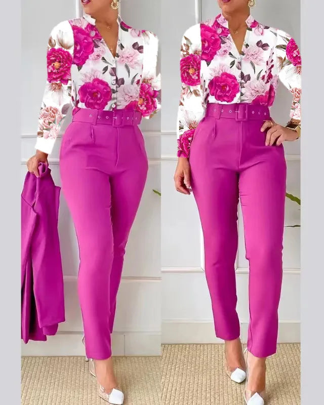 Elegant Women Printed Two Piece Suit Sets Spring Autumn V Neck Long Sleeve Shirt Top & Long Pants Set With Belt Workwear Outfits
